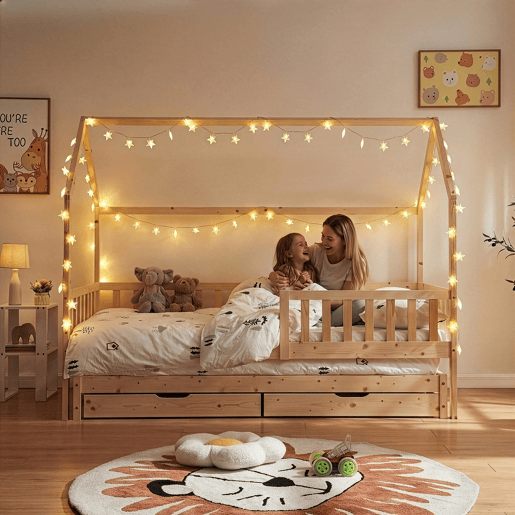 Cama de casal para crianças Aarghonmaa 90x200cm 2 gavetas pinho natural en.casa