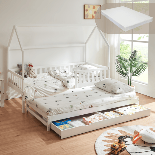 Cama de casal para crianças Aarghonmaa com colchão 90x200cm 2 gavetas pinho branco en.casa