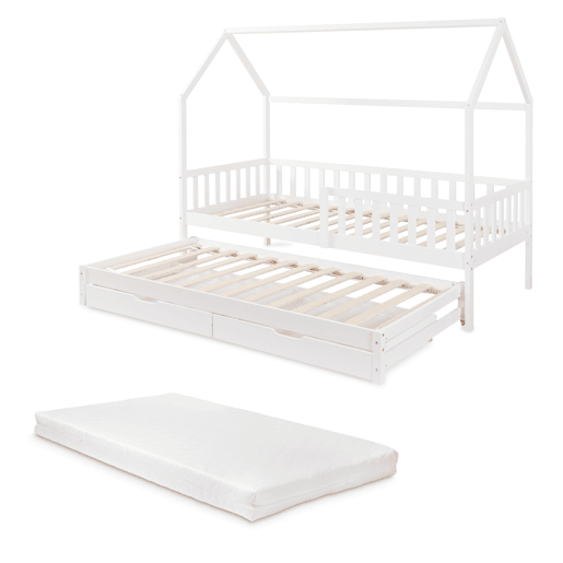 Cama de casal para crianças Aarghonmaa com colchão 90x200cm 2 gavetas pinho branco en.casa