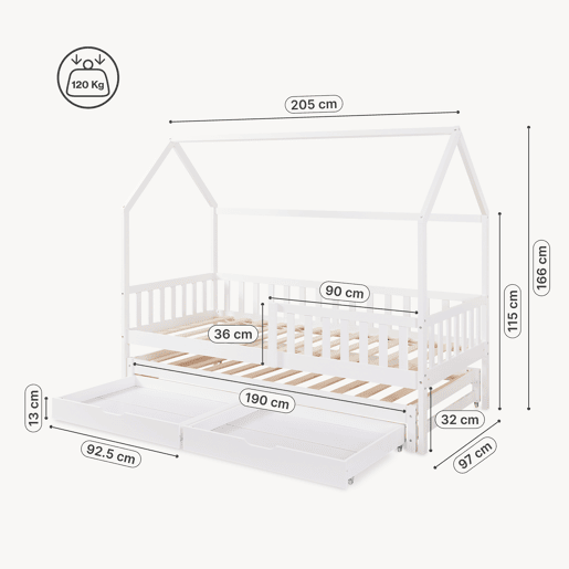 Cama de casal para crianças Aarghonmaa com colchão 90x200cm 2 gavetas pinho branco en.casa