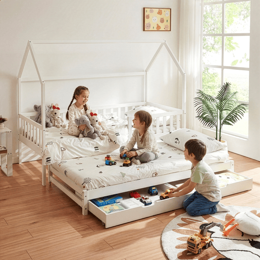 Cama de casal para crianças Aarghonmaa com colchão 90x200cm 2 gavetas pinho branco en.casa