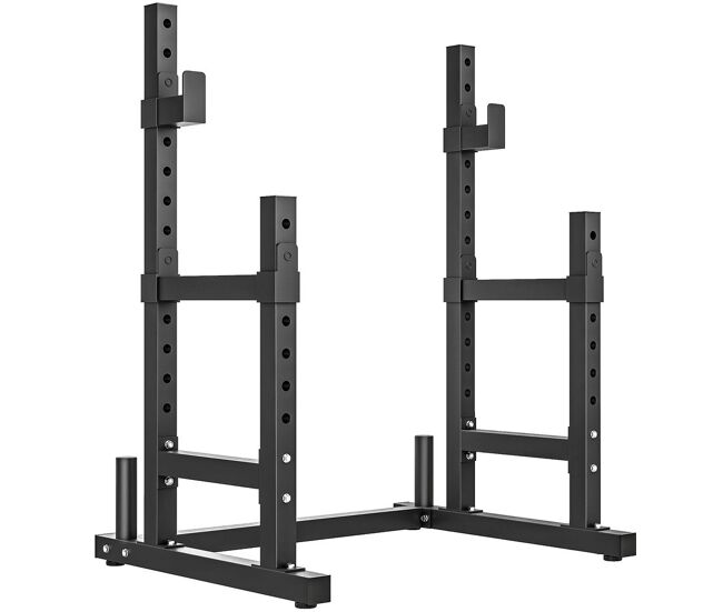 Sportnow soporte para pesas sentadillas, soporte barra pesas ajustable con topes de seguridad, rack de press de banca musculación en casa gimnasio, carga 300 kg, altura regulable de 48-135/45-85 cm