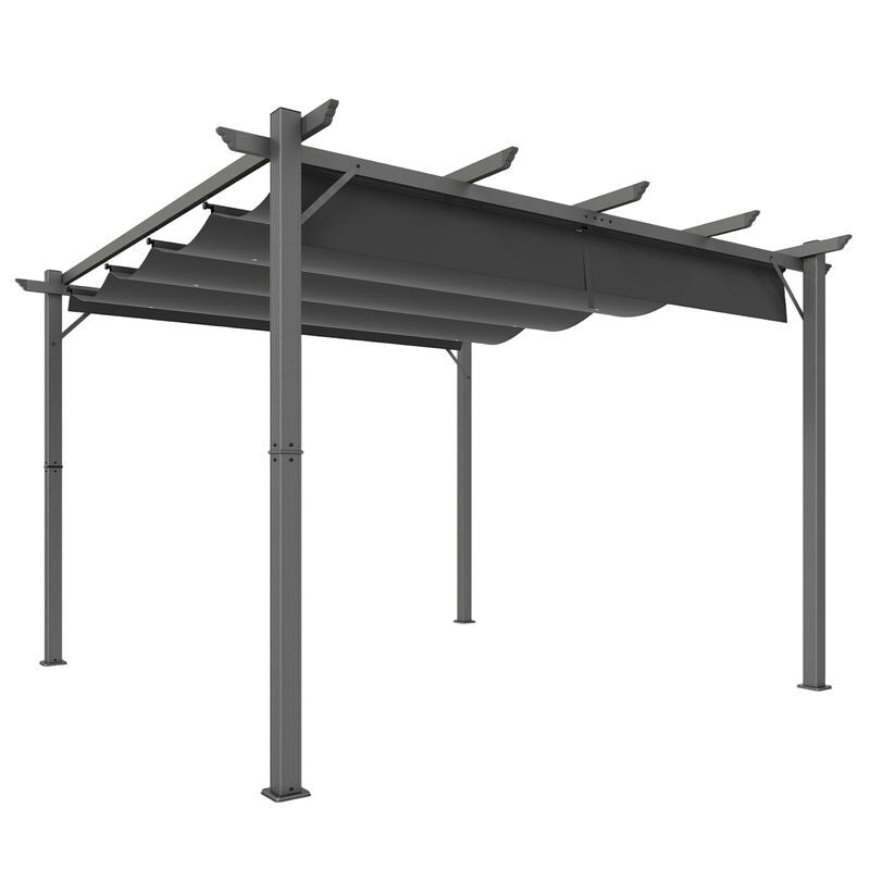Outsunny pérgola de jardín 3x3 m con techo retráctil, cenador de jardín con protección upf30+, orificios de drenaje, estructura de aluminio, pabellón para patio, terraza, exterior, gris oscuro