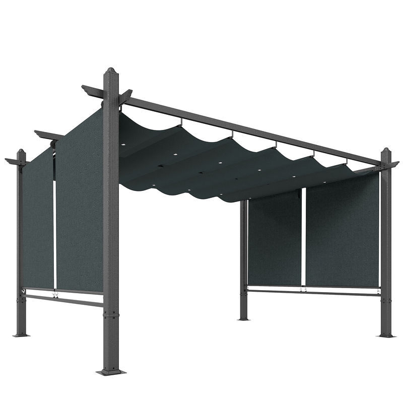 Outsunny pérgola de jardín 4x3 m con techo retráctil y 4 cortinas enrollables automáticas, cenador de jardín con protección uv50+, estructura de aluminio, drenaje, pabellón para exterior, gris oscuro