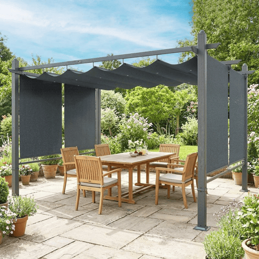 Outsunny Pérgola de Jardim 4x3 m com Telhado Deslizante Regulável e Estores Laterais Retráteis, Proteção UV50+, Cinzento Escuro