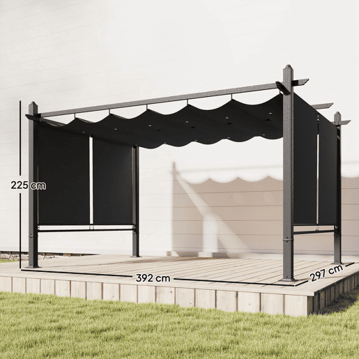 Outsunny Pérgola de Jardim 4x3 m com Telhado Deslizante Regulável e Estores Laterais Retráteis, Proteção UV50+, Cinzento Escuro