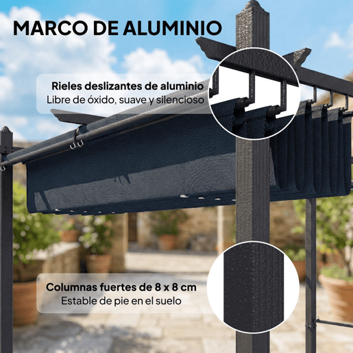 Outsunny Pérgola de Jardim 4x3 m com Telhado Deslizante Regulável e Estores Laterais Retráteis, Proteção UV50+, Cinzento Escuro