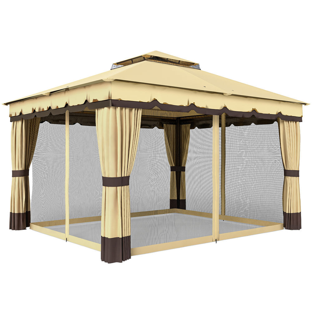 Outsunny cenador de jardín 3,7x3 m, pabellón de jardín gazebo con doble techo, 4 cortinas y mosquitera, marco de acero, orificios de drenaje, uv30+, para exterior, terraza, patio, beige