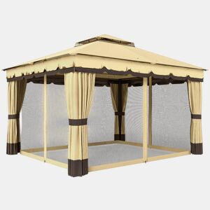 Outsunny Pérgola de Jardim 3,7x3 m com Teto Duplo 4 Cortinas e Mosquiteira Estrutura em Aço Orifícios de Drenagem UV30+ Bege