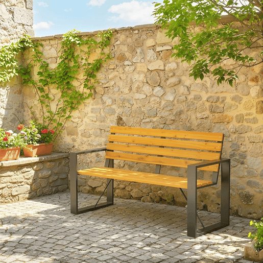 Outsunny Banco de Jardim Exterior de 2 Lugares com Encosto e Assento Ripado em Madeira Apoios de Braços e Estrutura de Aço para Pátio ou Terraço, 136x54x82 cm Madeira