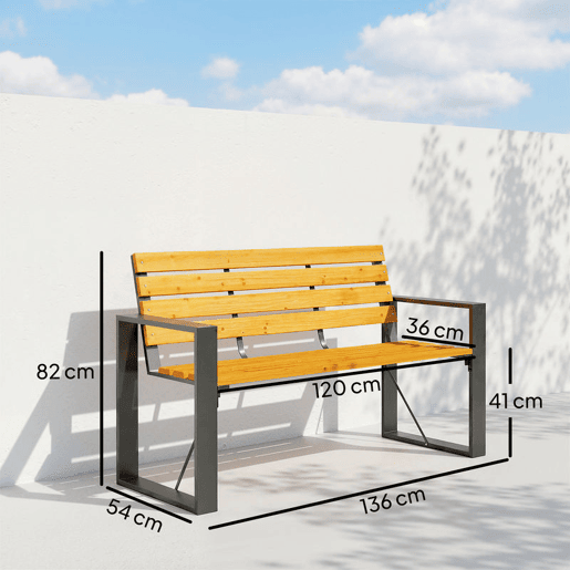 Outsunny Banco de Jardim Exterior de 2 Lugares com Encosto e Assento Ripado em Madeira Apoios de Braços e Estrutura de Aço para Pátio ou Terraço, 136x54x82 cm Madeira