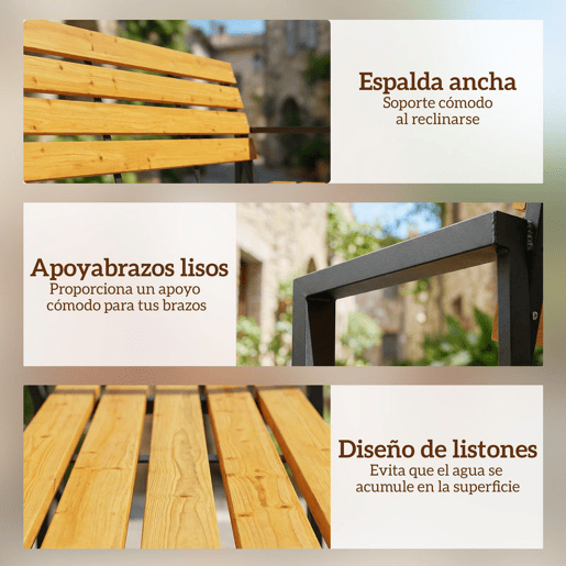 Outsunny Banco de Jardim Exterior de 2 Lugares com Encosto e Assento Ripado em Madeira Apoios de Braços e Estrutura de Aço para Pátio ou Terraço, 136x54x82 cm Madeira