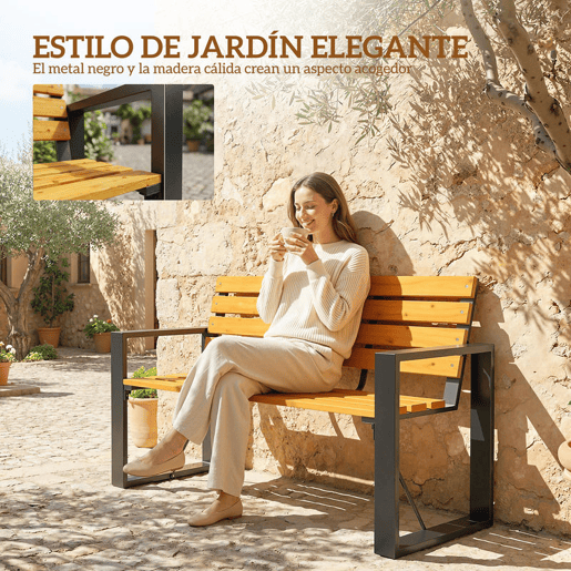 Outsunny Banco de Jardim Exterior de 2 Lugares com Encosto e Assento Ripado em Madeira Apoios de Braços e Estrutura de Aço para Pátio ou Terraço, 136x54x82 cm Madeira