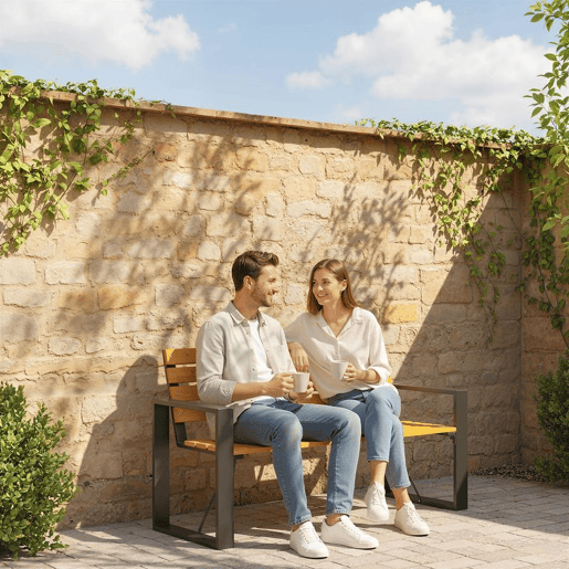 Outsunny Banco de Jardim Exterior de 2 Lugares com Encosto e Assento Ripado em Madeira Apoios de Braços e Estrutura de Aço para Pátio ou Terraço, 136x54x82 cm Madeira