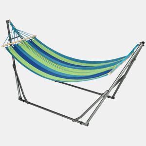 Outsunny Cama Rede com Suporte Dobrável 2 em 1 Estendal com Barra Estrutura de Aço Cama Rede de Campismo Portátil de Algodão Carga 120 kg para Jardim Pátio Terraço 270x100x94 cm Azul e Verde