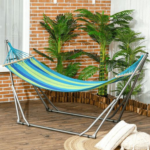 Outsunny Cama Rede com Suporte Dobrável 2 em 1 Estendal com Barra Estrutura de Aço Cama Rede de Campismo Portátil de Algodão Carga 120 kg para Jardim Pátio Terraço 270x100x94 cm Azul e Verde