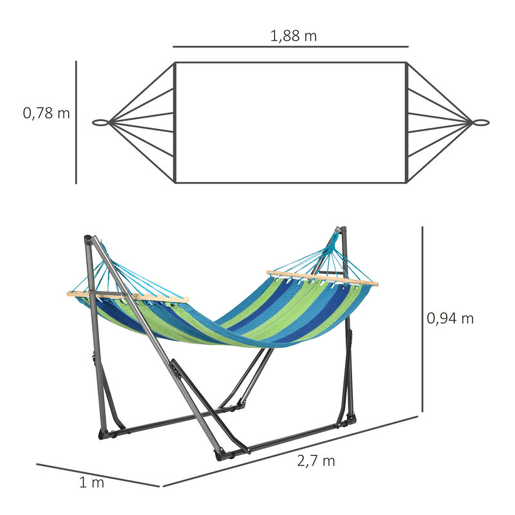 Outsunny Cama Rede com Suporte Dobrável 2 em 1 Estendal com Barra Estrutura de Aço Cama Rede de Campismo Portátil de Algodão Carga 120 kg para Jardim Pátio Terraço 270x100x94 cm Azul e Verde