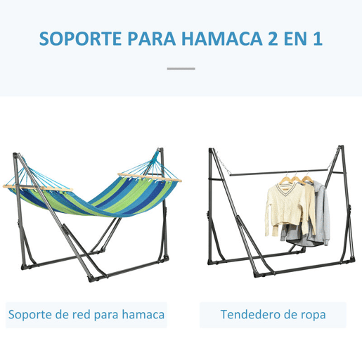 Outsunny Cama Rede com Suporte Dobrável 2 em 1 Estendal com Barra Estrutura de Aço Cama Rede de Campismo Portátil de Algodão Carga 120 kg para Jardim Pátio Terraço 270x100x94 cm Azul e Verde