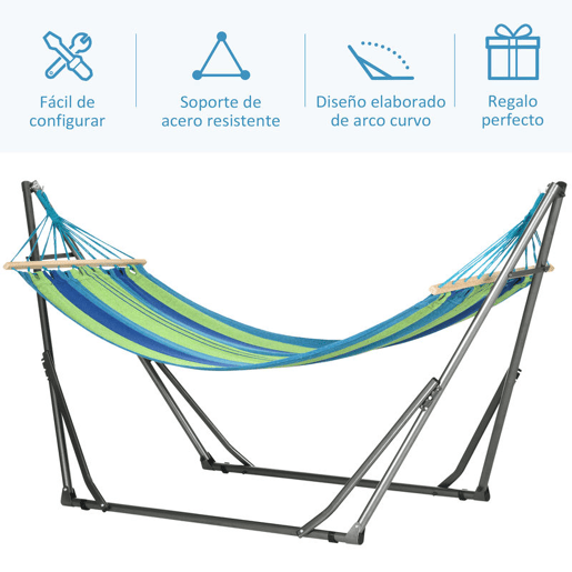 Outsunny Cama Rede com Suporte Dobrável 2 em 1 Estendal com Barra Estrutura de Aço Cama Rede de Campismo Portátil de Algodão Carga 120 kg para Jardim Pátio Terraço 270x100x94 cm Azul e Verde
