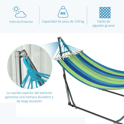 Outsunny Cama Rede com Suporte Dobrável 2 em 1 Estendal com Barra Estrutura de Aço Cama Rede de Campismo Portátil de Algodão Carga 120 kg para Jardim Pátio Terraço 270x100x94 cm Azul e Verde