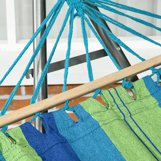 Outsunny Cama Rede com Suporte Dobrável 2 em 1 Estendal com Barra Estrutura de Aço Cama Rede de Campismo Portátil de Algodão Carga 120 kg para Jardim Pátio Terraço 270x100x94 cm Azul e Verde