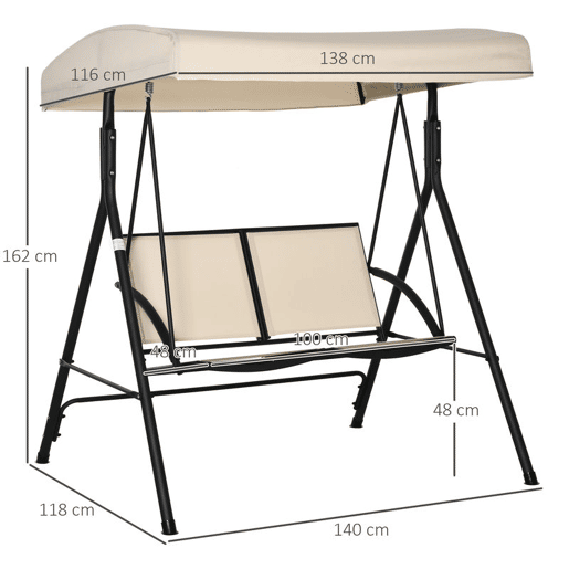 Outsunny Baloiço de Jardim Exterior de 2 Lugares, Baloiço de Jardim com Toldo Ajustável e Estrutura em Aço, Assentos Textilene, para Varanda, Terraço, Carga 220 kg, 140x118x162 cm, Bege
