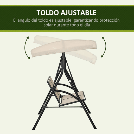 Outsunny Baloiço de Jardim Exterior de 2 Lugares, Baloiço de Jardim com Toldo Ajustável e Estrutura em Aço, Assentos Textilene, para Varanda, Terraço, Carga 220 kg, 140x118x162 cm, Bege