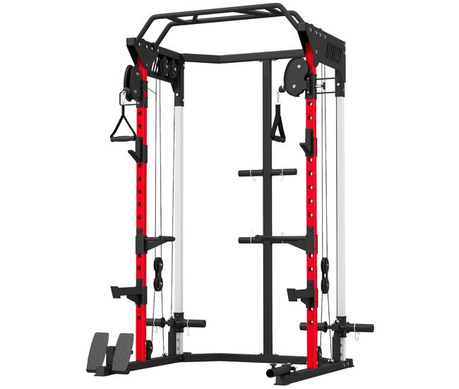 Sportnow jaula de potencia musculación con sistema de poleas ajustable, rack para sentadillas con barra de dominadas, estación de fondos, soporte barra, para casa en gimnasio, carga 900 kg