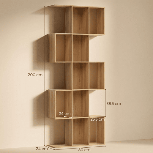 HOMCOM Estante de 5 Níveis Estante de Livros Estreita Estante em Forma de S para Sala de Estar Quarto Escritório 80x24x200 cm Carvalho