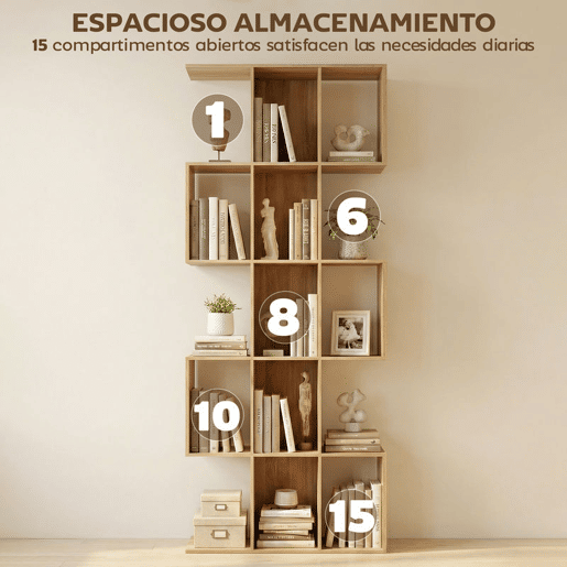 HOMCOM Estante de 5 Níveis Estante de Livros Estreita Estante em Forma de S para Sala de Estar Quarto Escritório 80x24x200 cm Carvalho