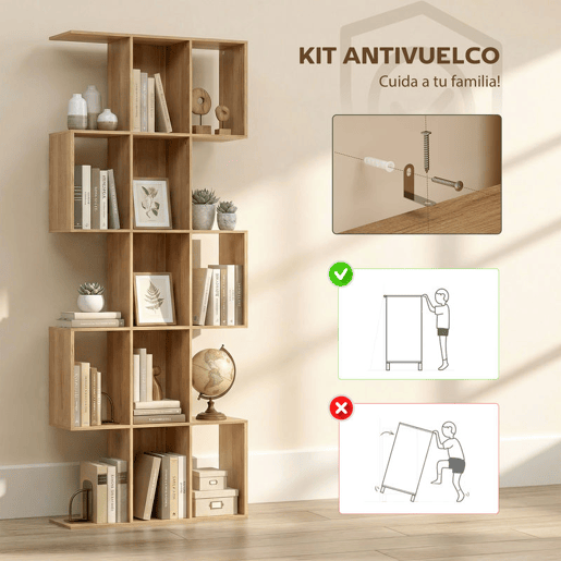 HOMCOM Estante de 5 Níveis Estante de Livros Estreita Estante em Forma de S para Sala de Estar Quarto Escritório 80x24x200 cm Carvalho