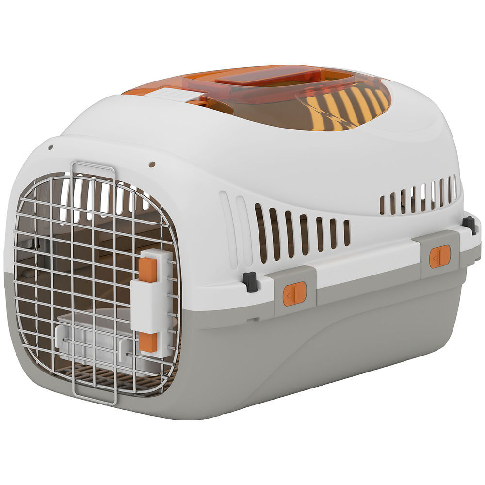 Pawhut transportín para gatos y perros pequeños hasta 4 kg, caja de transporte rígida con claraboya, puerta de acero, cuenco extraíble, cerradura triple y base elevada, 49x32x31 cm, gris claro