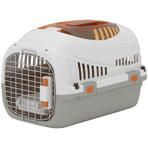 PawHut Transportadora para Gatos e Cães Pequenos Caixa de Transporte de Plástico Suporta até 4 kg com Claraboia Taça Porta de Aço Sistema de Fecho Triplo Base Elevada 49x32x31 cm Cinzento Claro