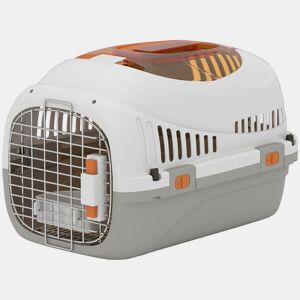 PawHut Transportadora para Gatos e Cães Pequenos Caixa de Transporte de Plástico Suporta até 4 kg com Claraboia Taça Porta de Aço Sistema de Fecho Triplo Base Elevada 49x32x31 cm Cinzento Claro