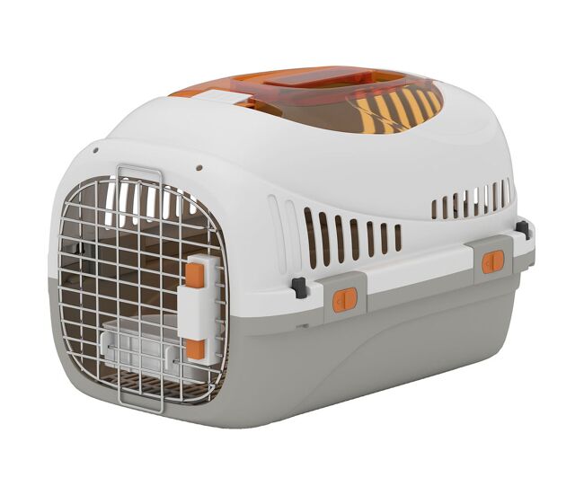 Pawhut transportín para gatos y perros pequeños hasta 4 kg, caja de transporte rígida con claraboya, puerta de acero, cuenco extraíble, cerradura triple y base elevada, 49x32x31 cm, gris claro