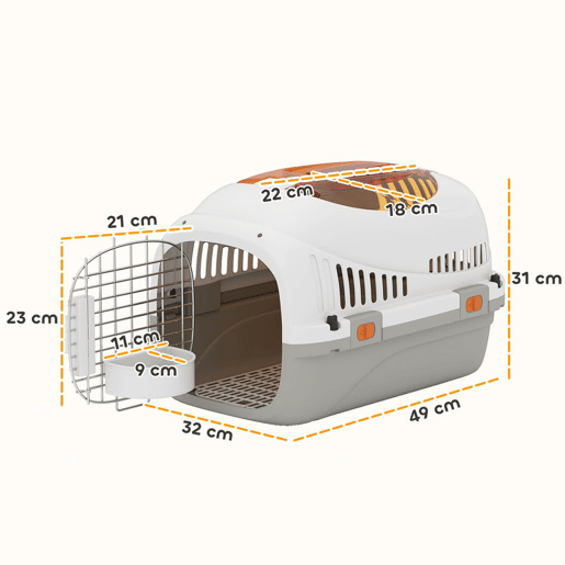 PawHut Transportadora para Gatos e Cães Pequenos Caixa de Transporte de Plástico Suporta até 4 kg com Claraboia Taça Porta de Aço Sistema de Fecho Triplo Base Elevada 49x32x31 cm Cinzento Claro