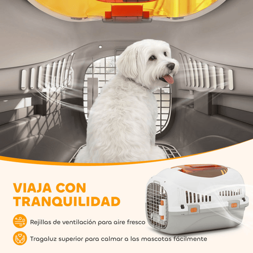 PawHut Transportadora para Gatos e Cães Pequenos Caixa de Transporte de Plástico Suporta até 4 kg com Claraboia Taça Porta de Aço Sistema de Fecho Triplo Base Elevada 49x32x31 cm Cinzento Claro
