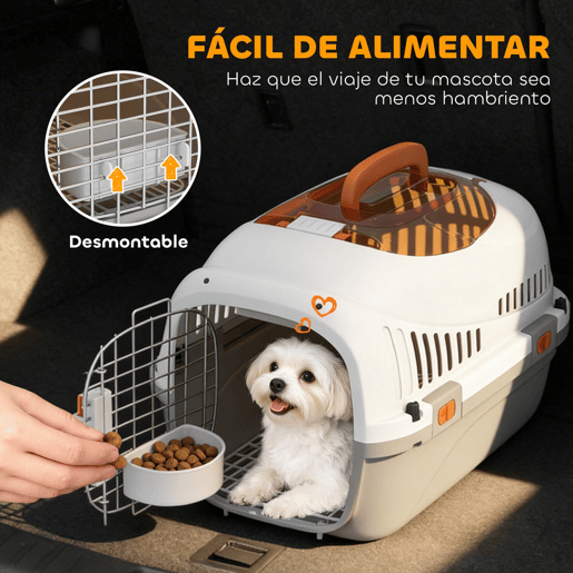 PawHut Transportadora para Gatos e Cães Pequenos Caixa de Transporte de Plástico Suporta até 4 kg com Claraboia Taça Porta de Aço Sistema de Fecho Triplo Base Elevada 49x32x31 cm Cinzento Claro