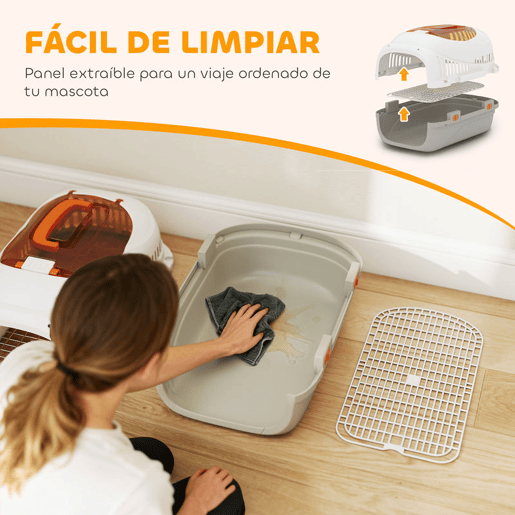 PawHut Transportadora para Gatos e Cães Pequenos Caixa de Transporte de Plástico Suporta até 4 kg com Claraboia Taça Porta de Aço Sistema de Fecho Triplo Base Elevada 49x32x31 cm Cinzento Claro