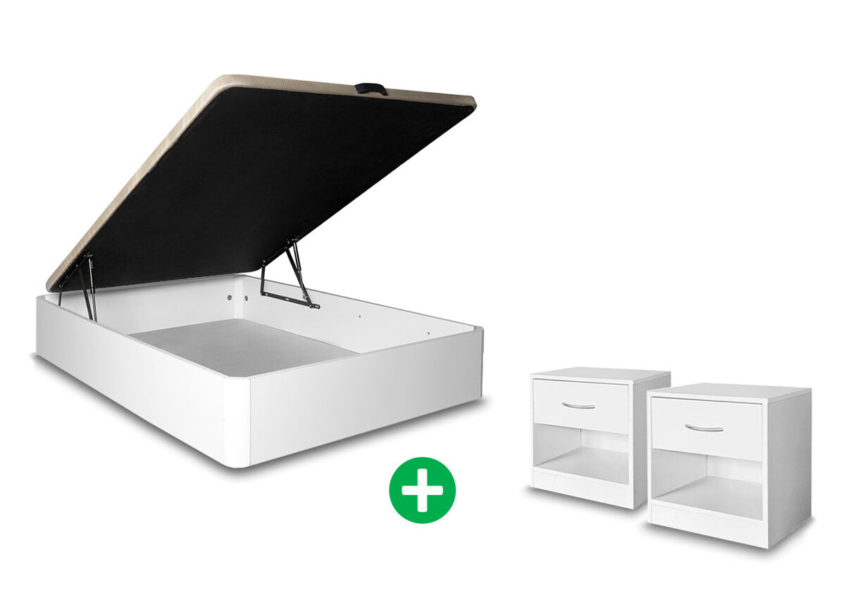 Pack cama canape abatible blanco 150x190 cm + mesita de noche 1 cajon blanco