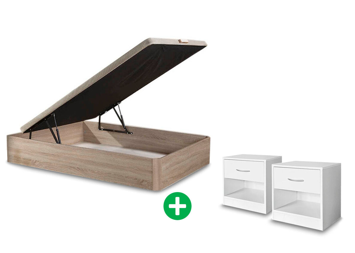 Pack cama canape abatible cambria 150x190 cm + mesita de noche 1 cajon blanco