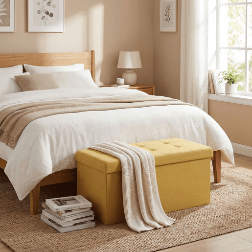 HOMCOM Puff de Arrumação Banco de Arrumação Dobrável 84 L 76x38x38 cm Estofado em Linho Sintético Baú de Arrumação Carga 120 kg Banco para Sala de Estar Quarto Entrada Amarelo