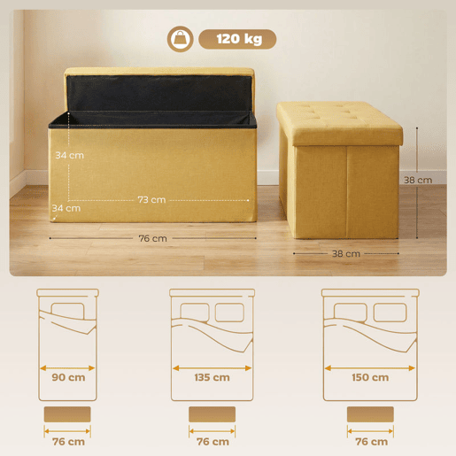 HOMCOM Puff de Arrumação Banco de Arrumação Dobrável 84 L 76x38x38 cm Estofado em Linho Sintético Baú de Arrumação Carga 120 kg Banco para Sala de Estar Quarto Entrada Amarelo