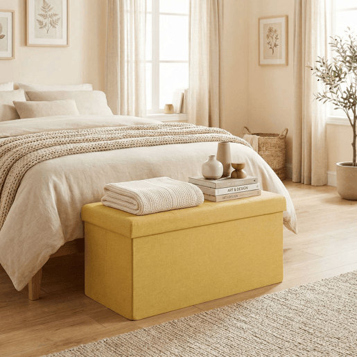 HOMCOM Puff de Arrumação Banco de Arrumação Dobrável 84 L 76x38x38 cm Estofado em Linho Sintético Baú de Arrumação Carga 120 kg Banco para Sala de Estar Quarto Entrada Amarelo