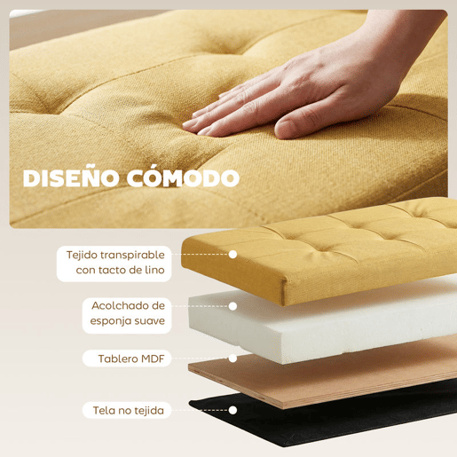 HOMCOM Puff de Arrumação Banco de Arrumação Dobrável 84 L 76x38x38 cm Estofado em Linho Sintético Baú de Arrumação Carga 120 kg Banco para Sala de Estar Quarto Entrada Amarelo