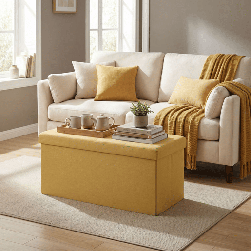 HOMCOM Puff de Arrumação Banco de Arrumação Dobrável 84 L 76x38x38 cm Estofado em Linho Sintético Baú de Arrumação Carga 120 kg Banco para Sala de Estar Quarto Entrada Amarelo