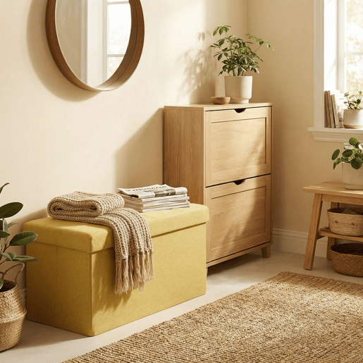 HOMCOM Puff de Arrumação Banco de Arrumação Dobrável 84 L 76x38x38 cm Estofado em Linho Sintético Baú de Arrumação Carga 120 kg Banco para Sala de Estar Quarto Entrada Amarelo
