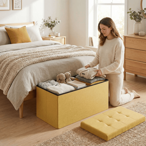 HOMCOM Puff de Arrumação Banco de Arrumação Dobrável 84 L 76x38x38 cm Estofado em Linho Sintético Baú de Arrumação Carga 120 kg Banco para Sala de Estar Quarto Entrada Amarelo