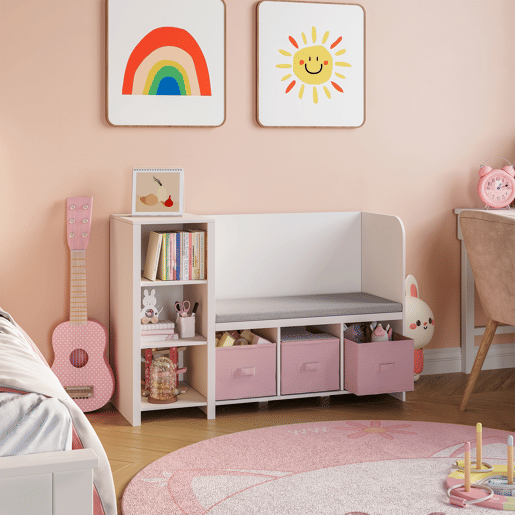 Estante de livros para crianças com banco Høylandet 76x112x40 cm - BrancoRosa en.casa