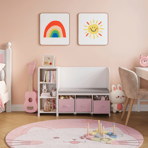 Estante de livros para crianças com banco Høylandet 76x112x40 cm - BrancoRosa en.casa